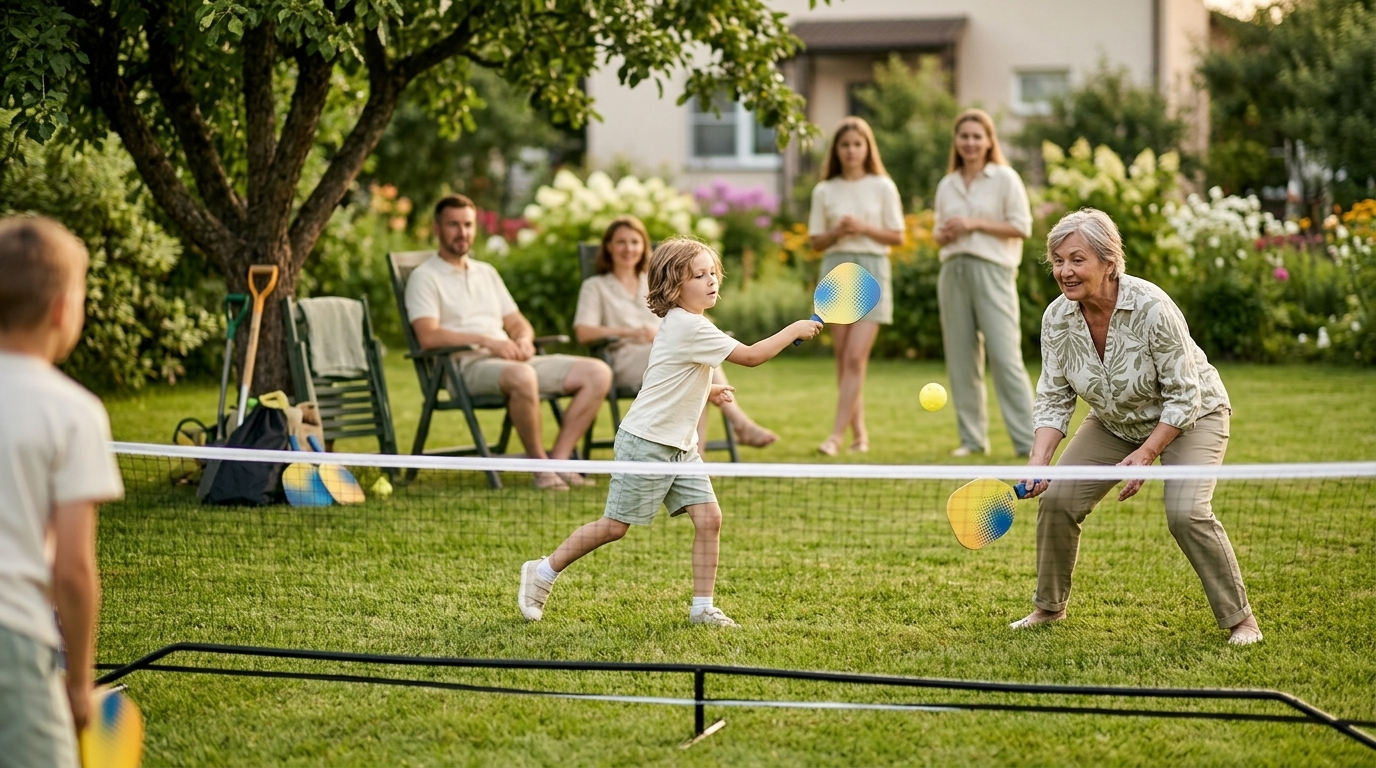 Pickleball en famille dans un jardin près de Nancy